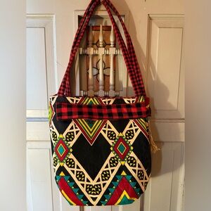 Handmade Tribal Print Tote Bag with Red Plaid Trim